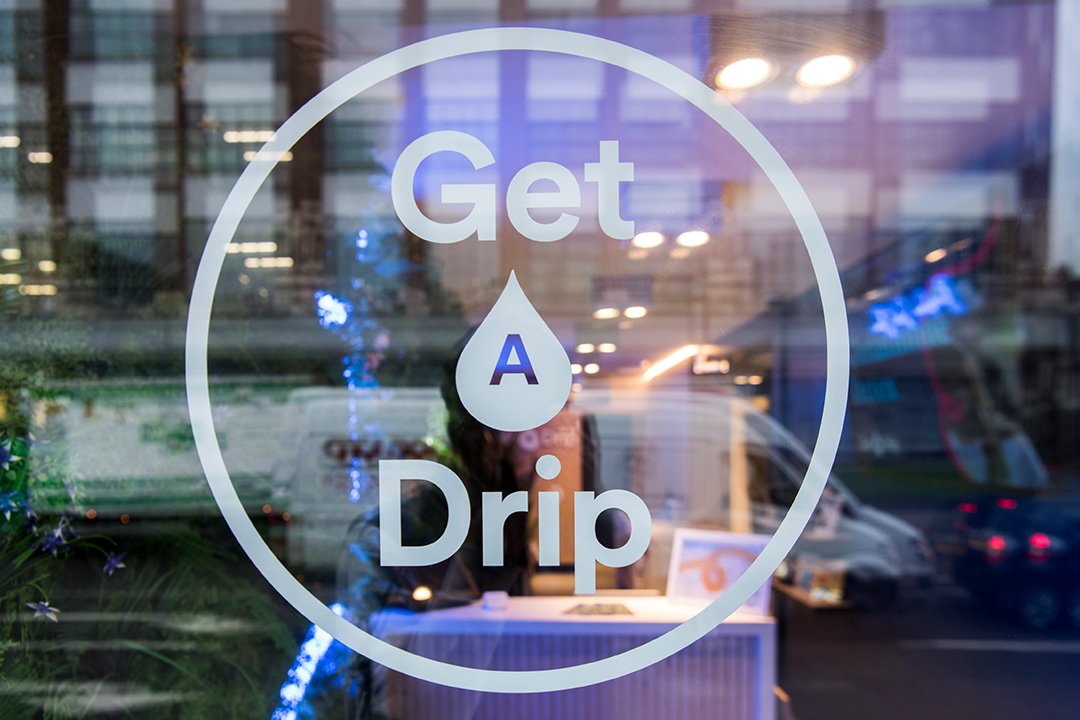 Get A Drip Logo on a clinic window